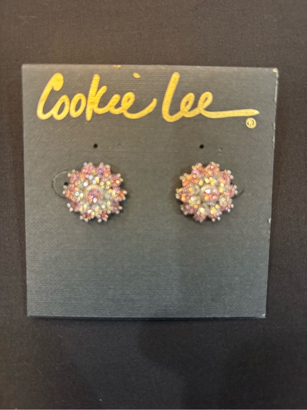 Cookie Lee Pink and Clear Crystal Floral Stud Earrings